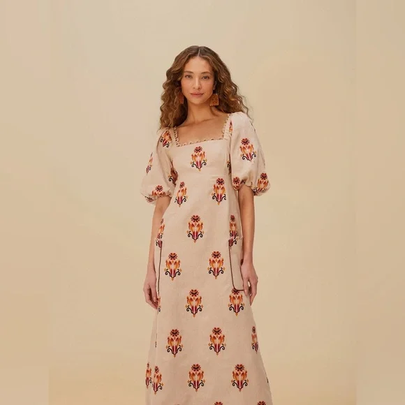Farm Rio: Rose Embroidered Macaw Euroflax Premium Linen Maxi Dress